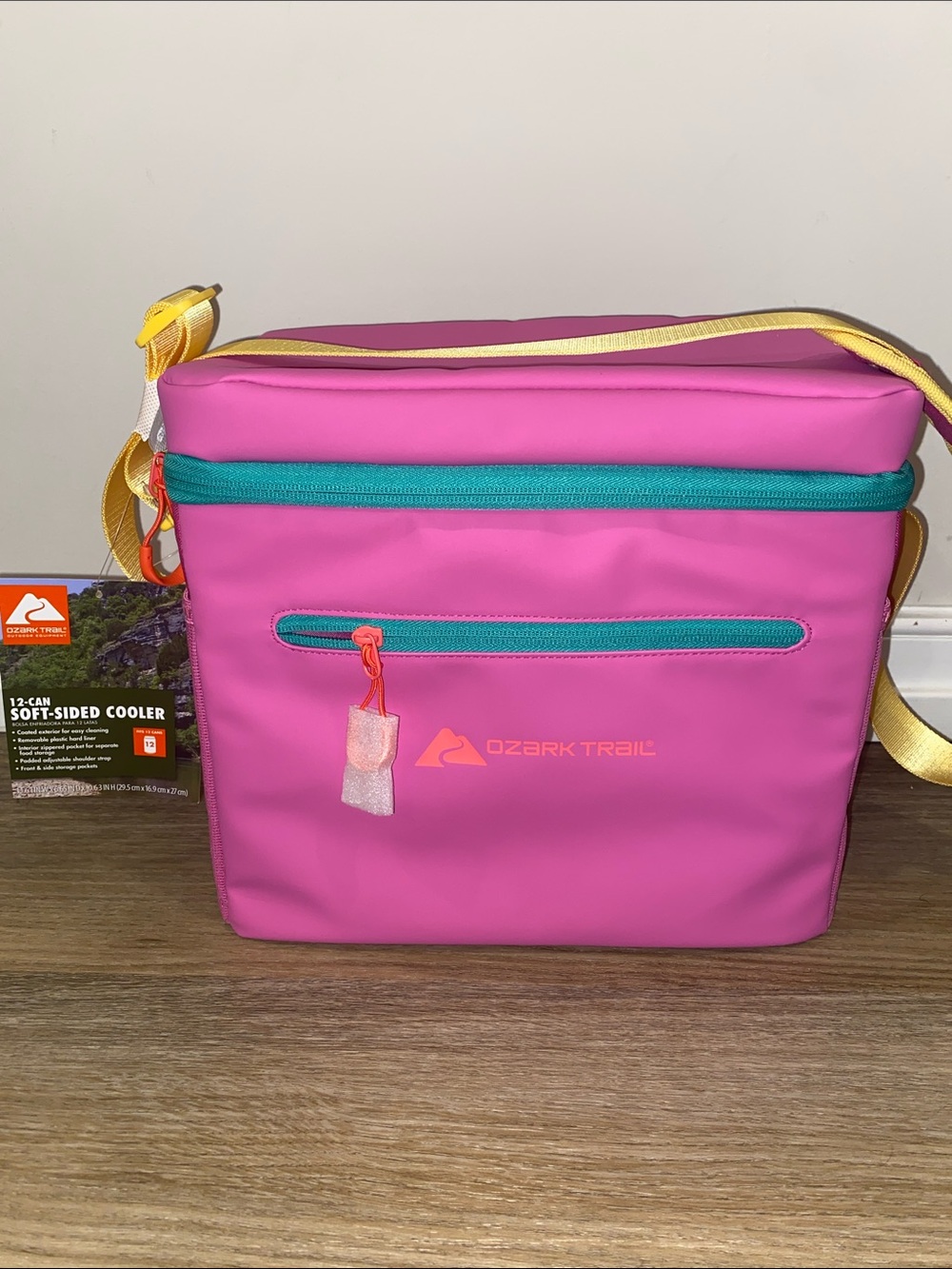 Ozark Trail Pink Cooler Bag with Yellow Strap and Teal Zippers